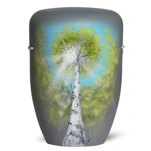 Hand Painted Biodegradable Cremation Ashes Funeral Urn / Casket – Birch Tree on Light Grey